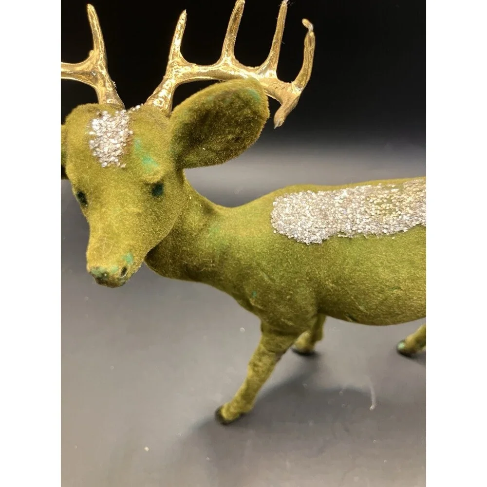 Vintage Green Reindeer Flocked Deer Christmas MCM 6” Decor Sparkly